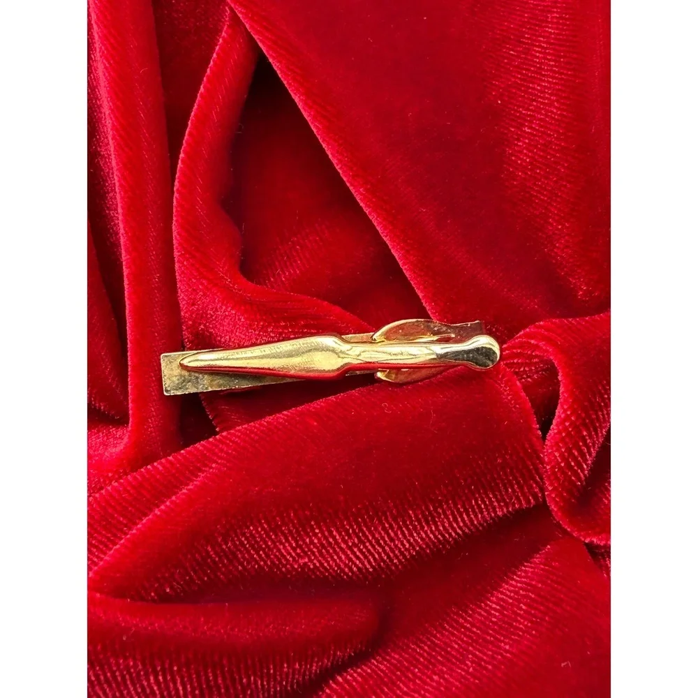 Vintage MCM Gold Tone Tie Bar Red Rhinestone Mid Century Modern Men Accessory